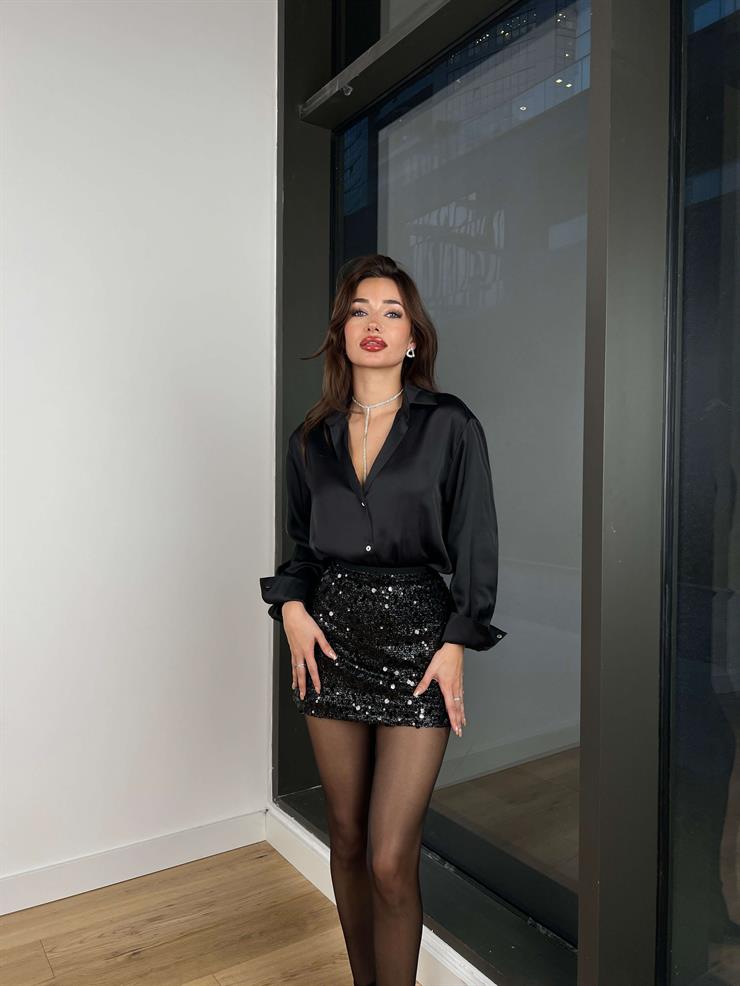 Yüksek Bel Payetli Abrienda Kadın Siyah Mini Etek 24k357