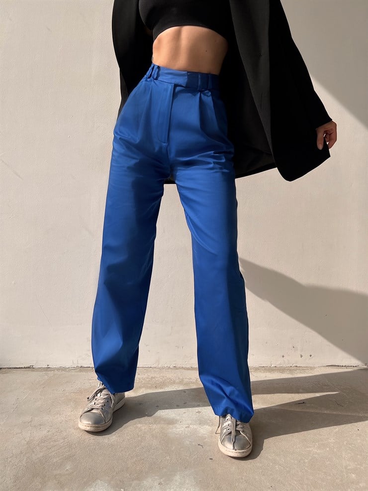 Yüksek Bel Pileli Boru Paça Essence Kadın Saks Pantolon 22Y000080