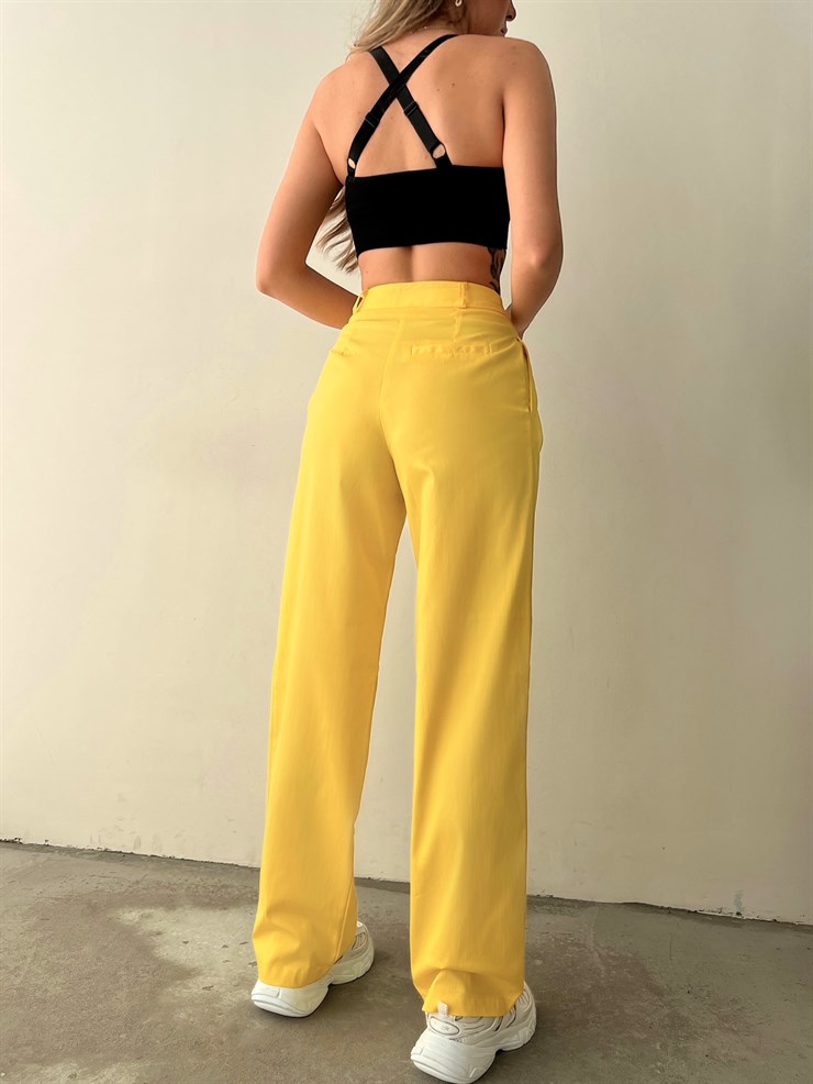 Yüksek Bel Pileli Boru Paça Essence Kadın Sarı Pantolon 22Y000080