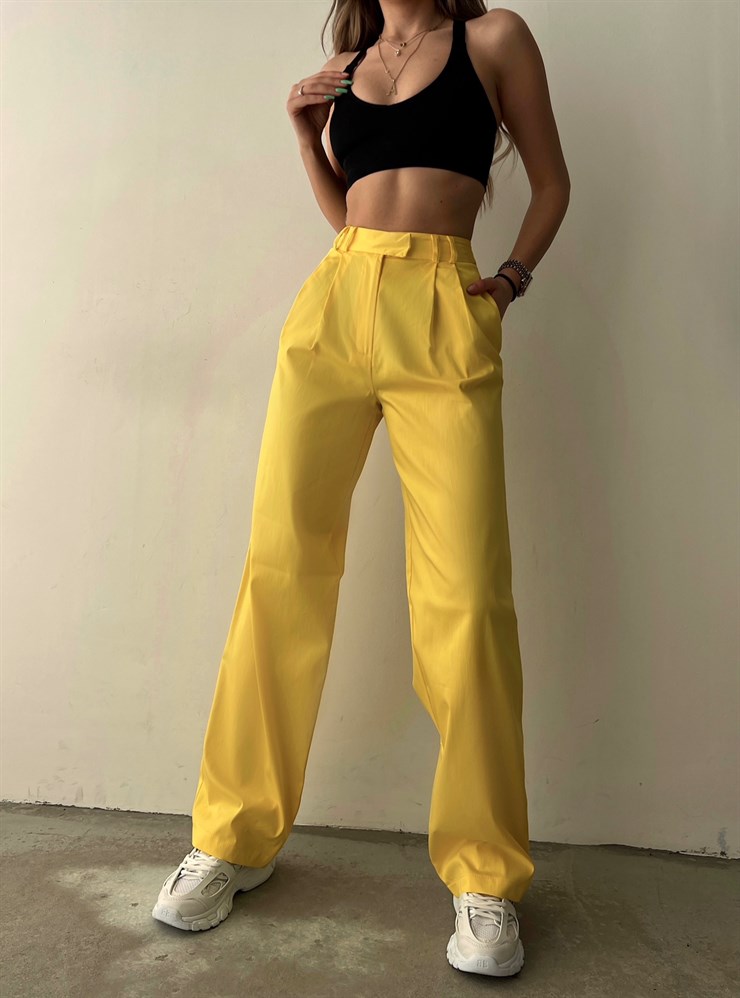 Yüksek Bel Pileli Boru Paça Essence Kadın Sarı Pantolon 22Y000080