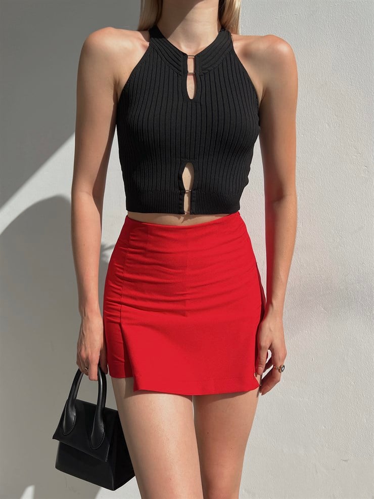 Yüksek Bel Pileli Merisa Kadın Kırmızı Şort Etek 22Y000328