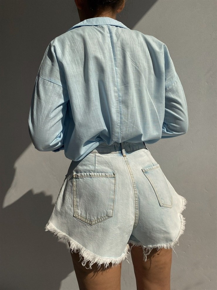 Yüksek Bel Püskülü Paça Kadın Mavi Jean Şort 21Y000489