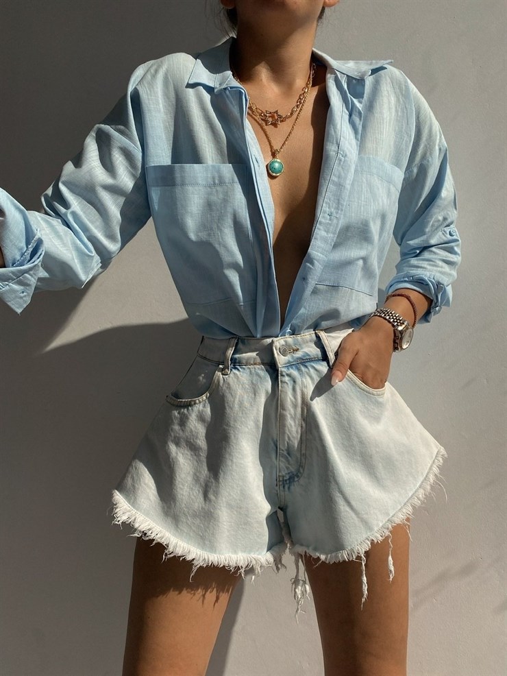 Yüksek Bel Püskülü Paça Kadın Mavi Jean Şort 21Y000489