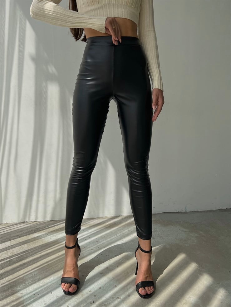 Yüksek Bel Suni Deri Adriana Kadın Siyah Tayt 22K000227