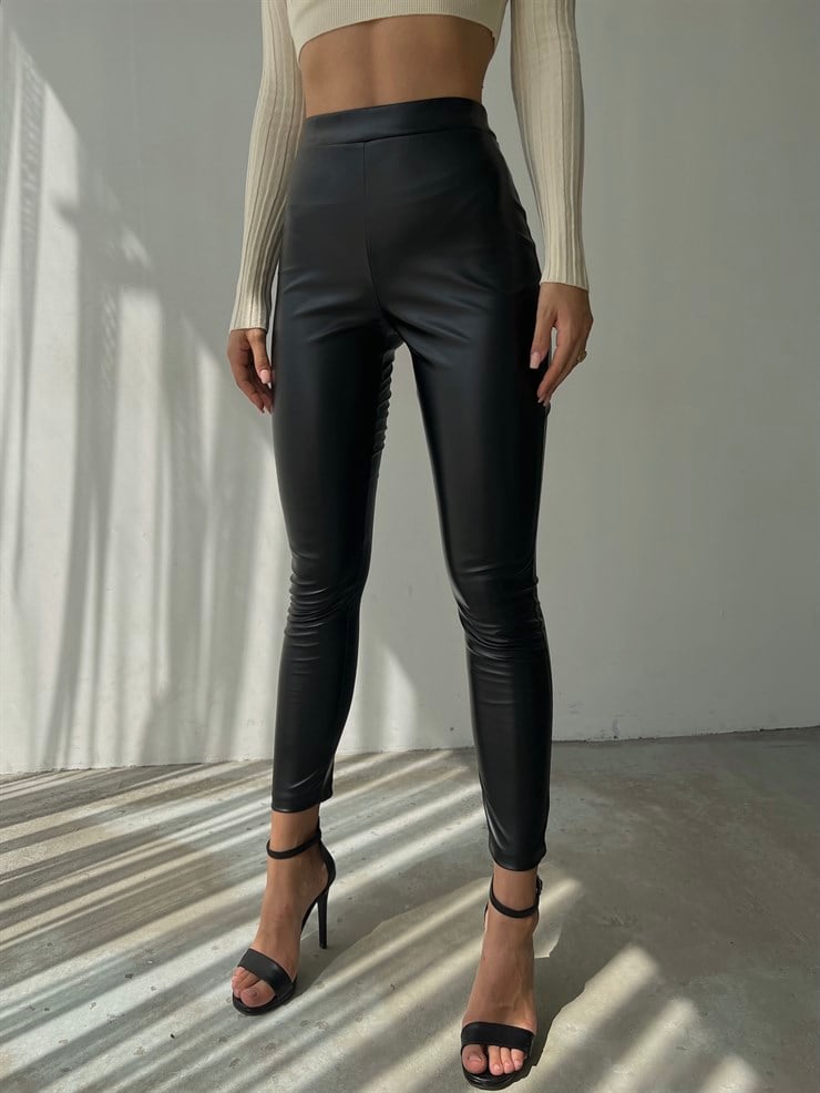 Yüksek Bel Suni Deri Adriana Kadın Siyah Tayt 22K000227