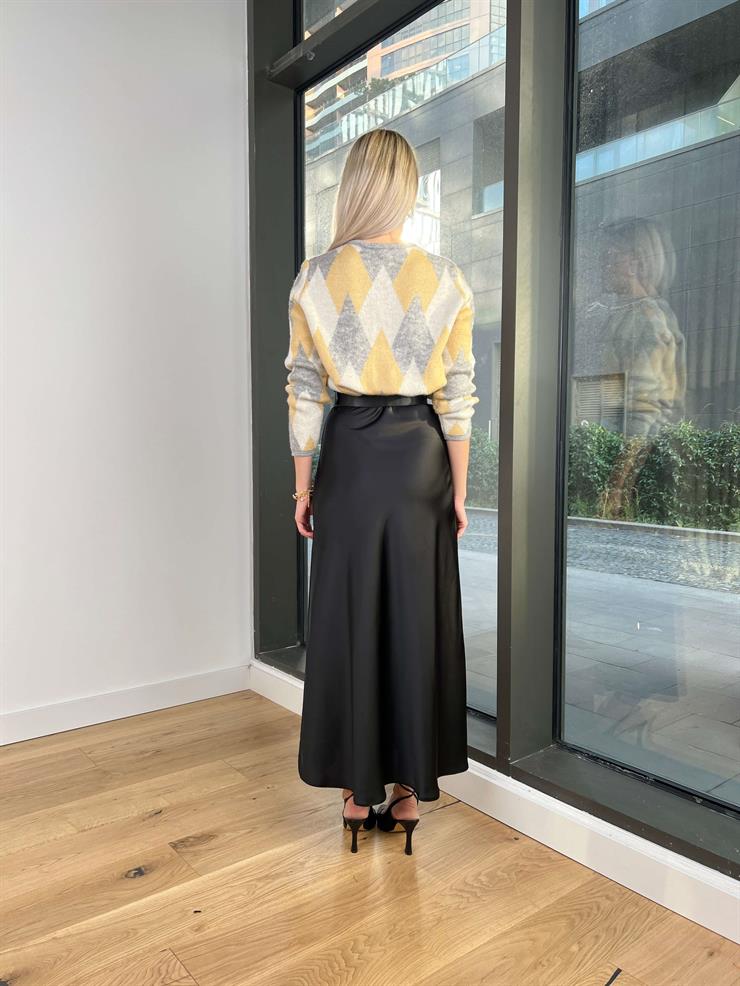 Yüksek Bel Vinay Kadın Siyah Saten Etek 24k280