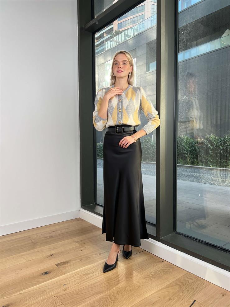 Yüksek Bel Vinay Kadın Siyah Saten Etek 24k280