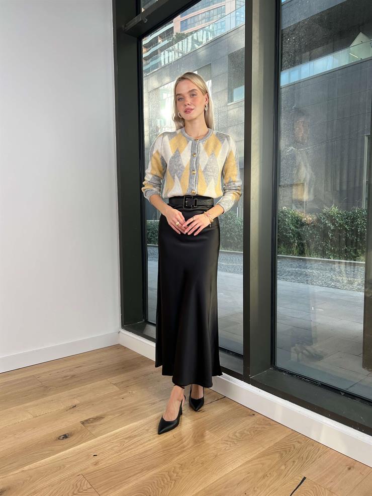 Yüksek Bel Vinay Kadın Siyah Saten Etek 24k280