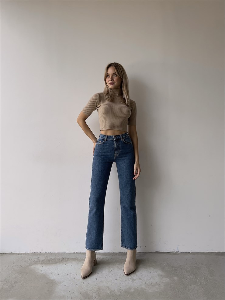 Yüksek Bel Yanları Cepli Boru Paça Kelvin Kadın Mavi Jeans 23K000068