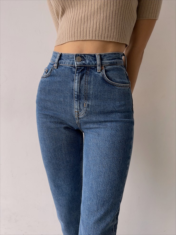 Yüksek Bel Yanları Cepli Boru Paça Kelvin Kadın Mavi Jeans 23K000068