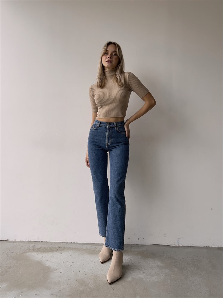 Yüksek Bel Yanları Cepli Boru Paça Kelvin Kadın Mavi Jeans 23K000068