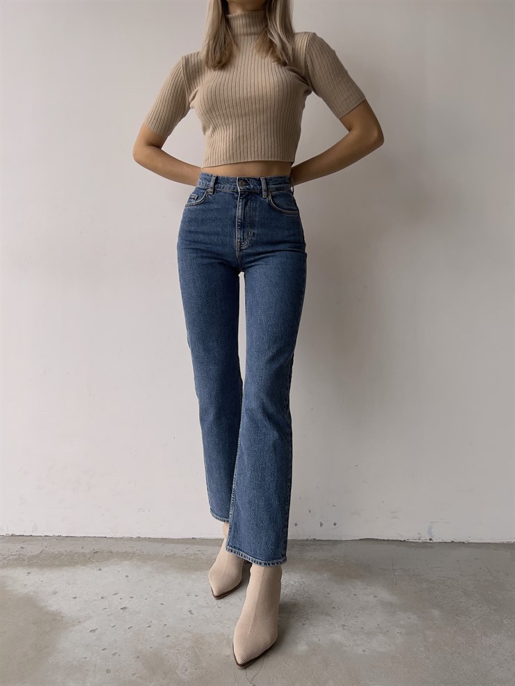 Yüksek Bel Yanları Cepli Boru Paça Kelvin Kadın Mavi Jeans 23K000068