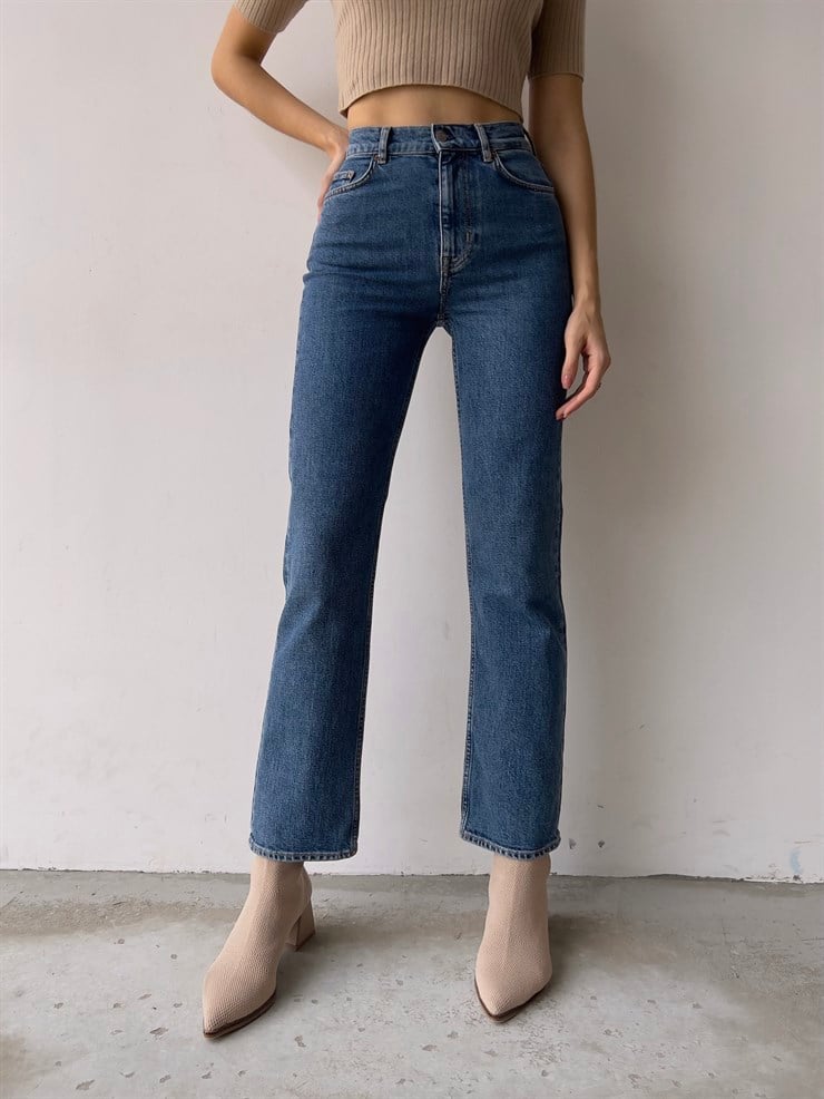 Yüksek Bel Yanları Cepli Boru Paça Kelvin Kadın Mavi Jeans 23K000068