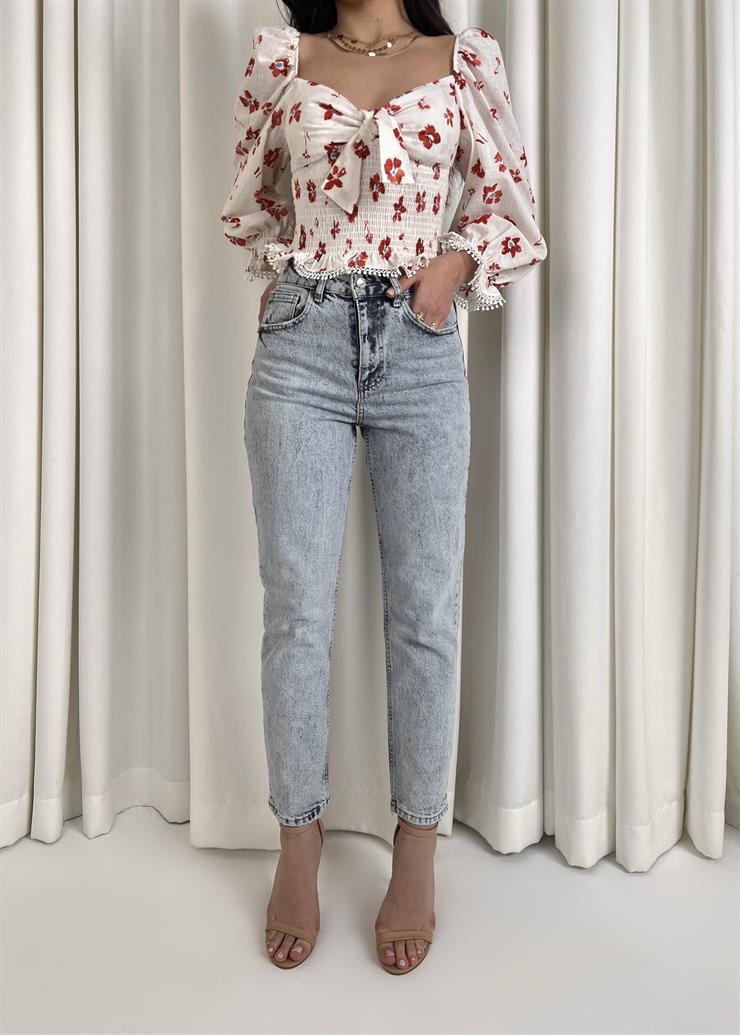 Yüksek Bel Yanları Cepli Nunez Kadın Buz Mavisi Mom Jean 23Y000039