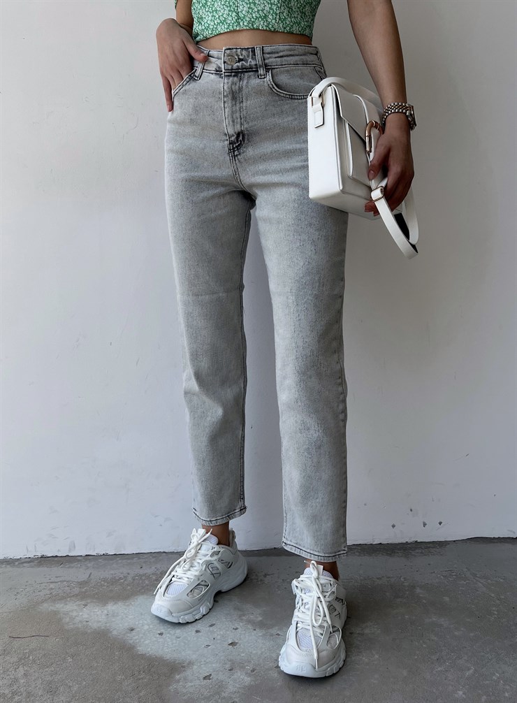 Yüksek Bel Yikamalı Jovan Kadın Gri Mom Jean 22Y000236