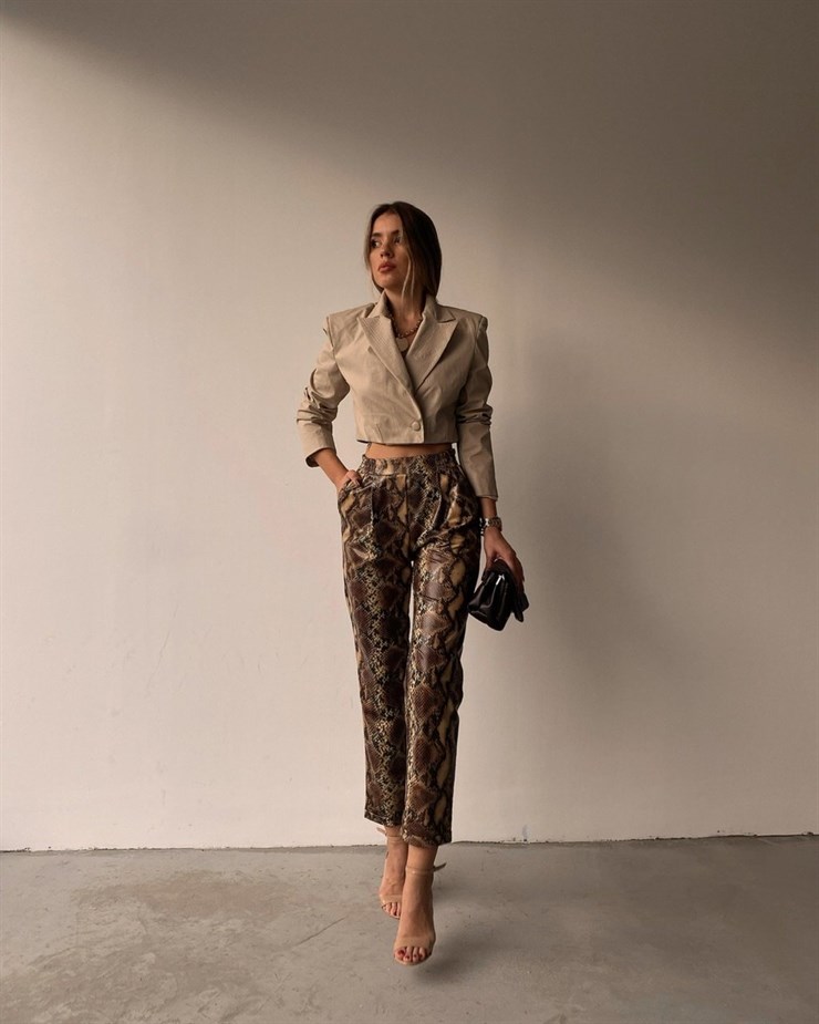 Yüksek Bel Yılan Deri Snake Kadın Kahverengi Pantolon 22K000138