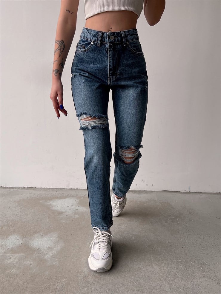 Yüksek Bel Yırtıklı Marissa Kadın Mavi Mom Jean 22K000514