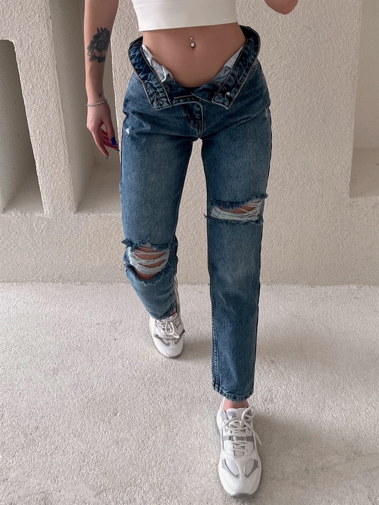 Yüksek Bel Yırtıklı Marissa Kadın Mavi Mom Jean 22K000514