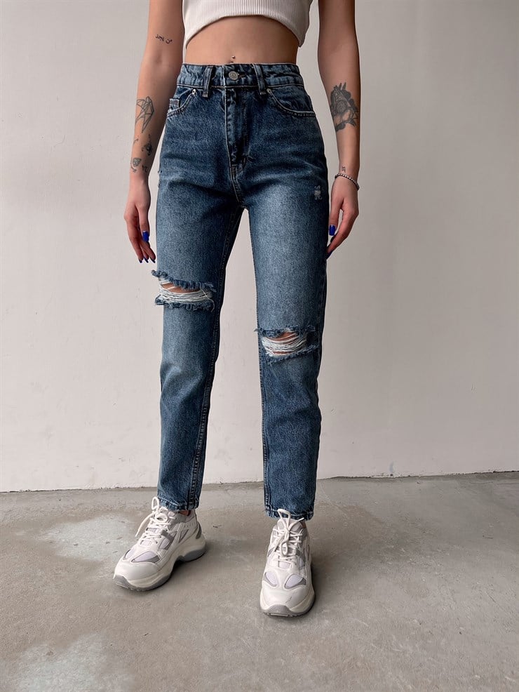 Yüksek Bel Yırtıklı Marissa Kadın Mavi Mom Jean 22K000514