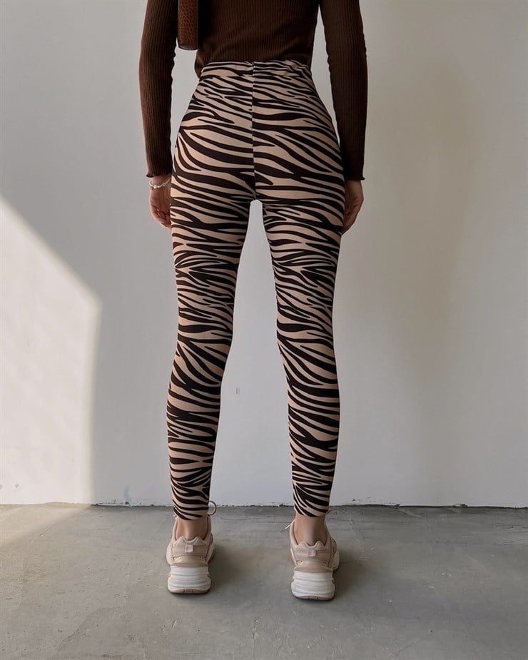Yüksek Bel Zebra Desen Kadın Kahverengi Tayt 22K000465