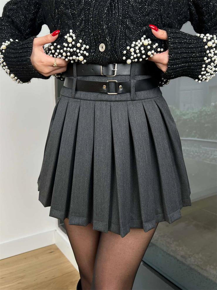 Yüksek Bel Zeca Kadın Füme Çift Kemerli Pileli Mini Etek 24k409