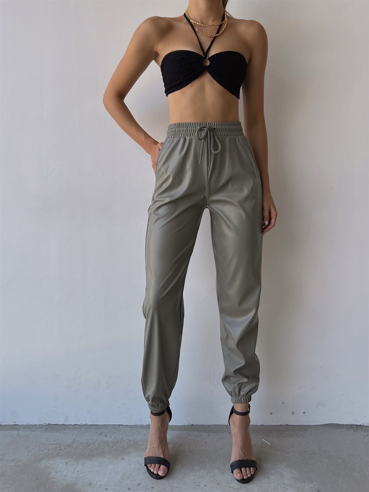 Yüksek Ve Bağcıklı Bel Paçası Lastikli Deri Kadın Çağla Pantolon 22K000028