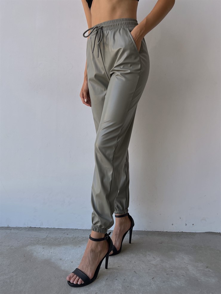 Yüksek Ve Bağcıklı Bel Paçası Lastikli Deri Kadın Çağla Pantolon 22K000028