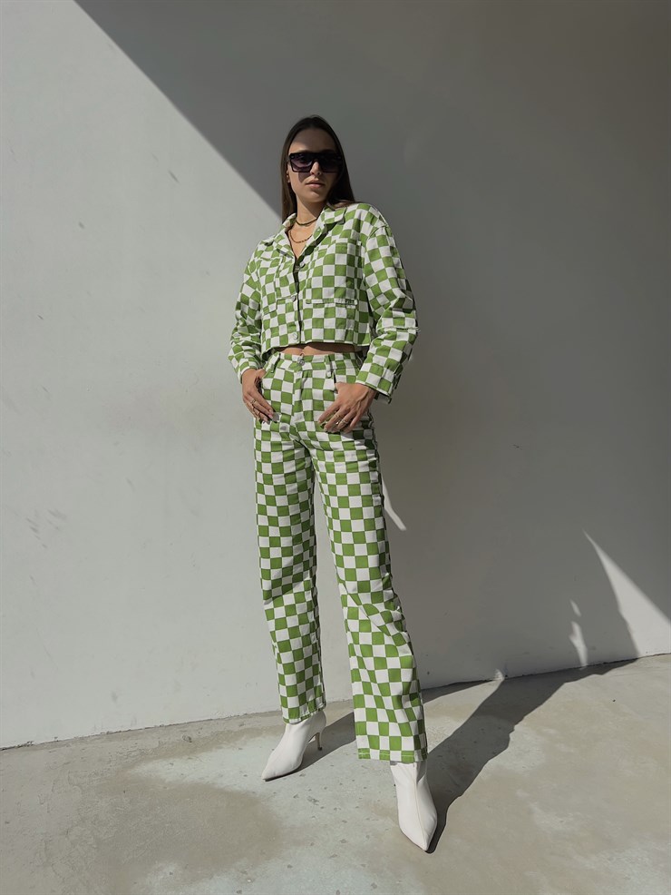 Yüksel Bel Geniş Paça Desenli Brayan Kadın Yeşil Pantolon 23K000131