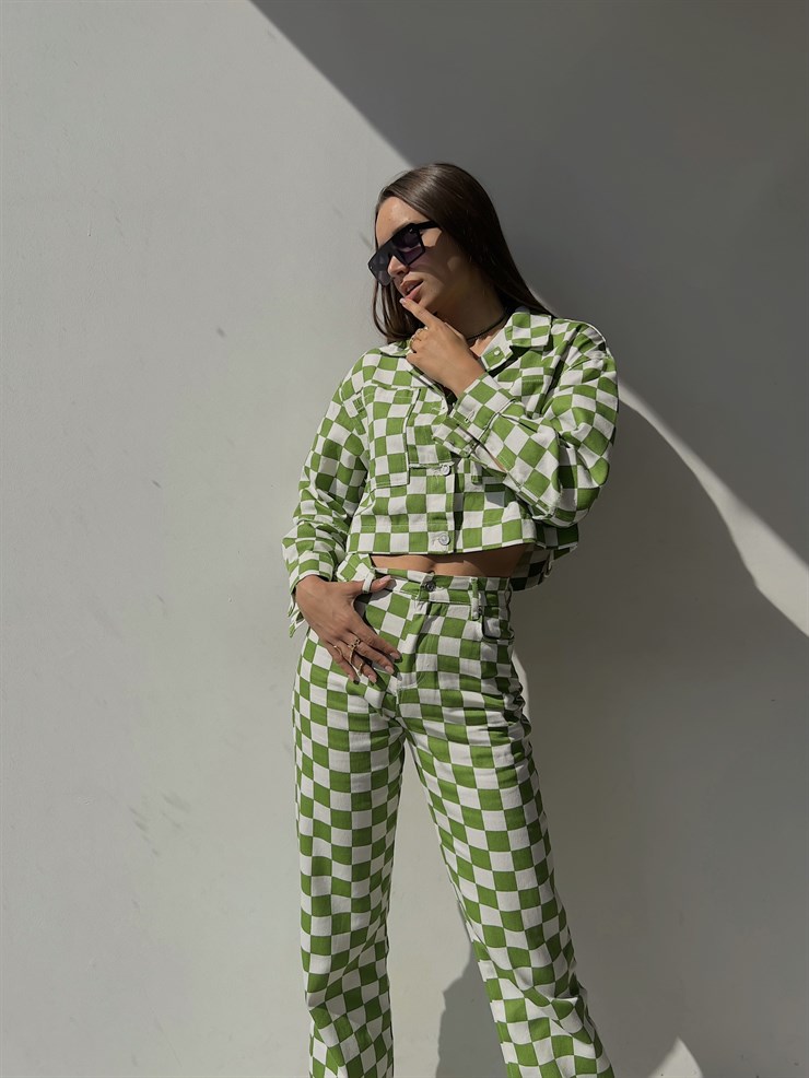 Yüksel Bel Geniş Paça Desenli Brayan Kadın Yeşil Pantolon 23K000131