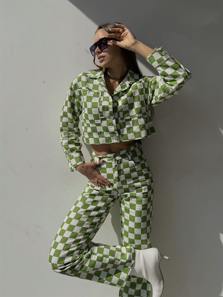 Yüksel Bel Geniş Paça Desenli Brayan Kadın Yeşil Pantolon 23K000131