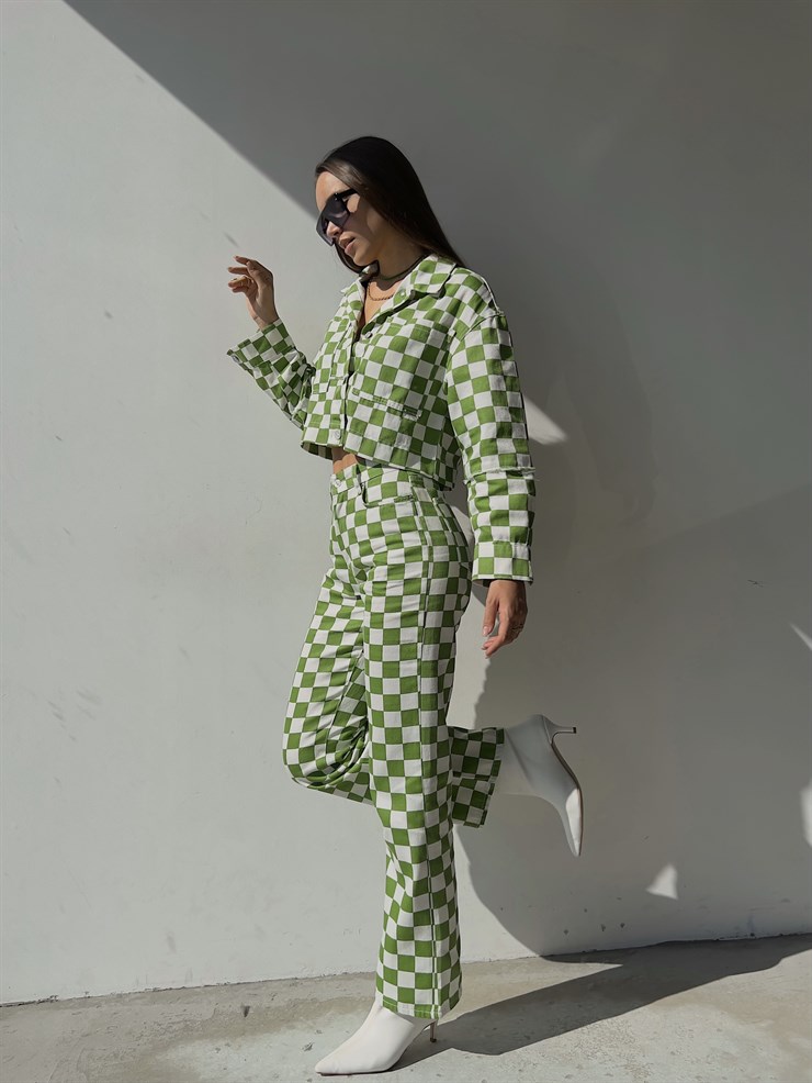 Yüksel Bel Geniş Paça Desenli Brayan Kadın Yeşil Pantolon 23K000131