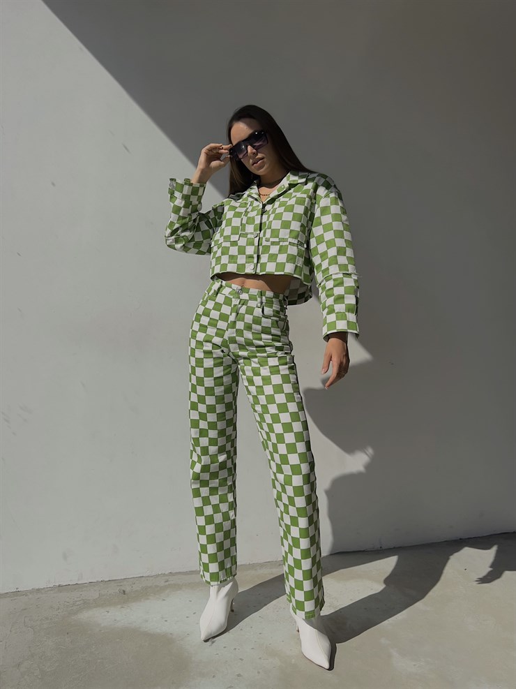 Yüksel Bel Geniş Paça Desenli Brayan Kadın Yeşil Pantolon 23K000131