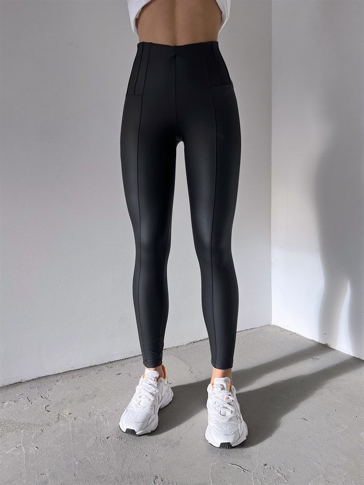 Yüksel Bel Merle Kadın Siyah Vegan Deri Tayt 23K000204