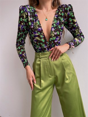 Vatkalı Çiçek Desenli Yuliana Kadın Siyah Bodysuit 22K000578