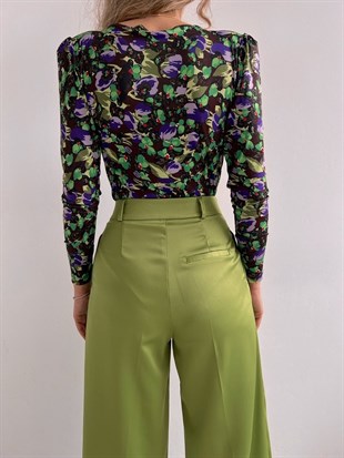 Vatkalı Çiçek Desenli Yuliana Kadın Siyah Bodysuit 22K000578