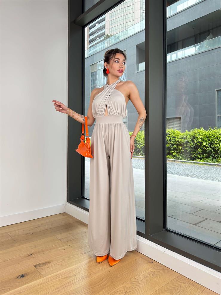 Boyundan Bağlamalı Sırt Dekolteli Yunles Taş Kadın Tulum 25Y345