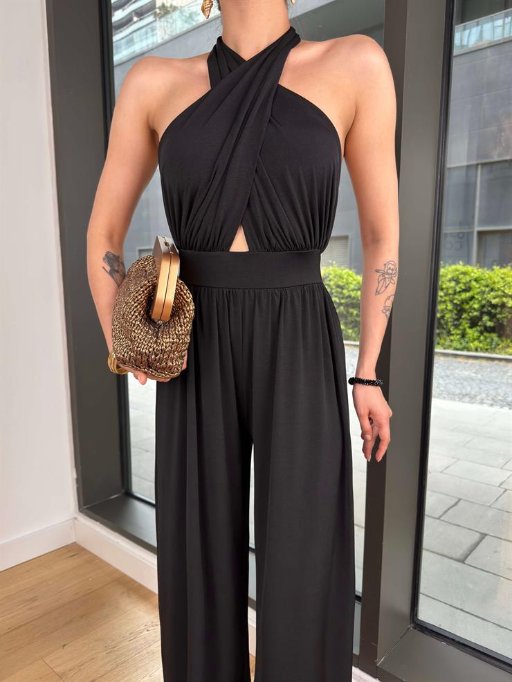 Boyundan Bağlamalı Sırt Dekolteli Yunles Siyah Kadın Tulum 25Y345