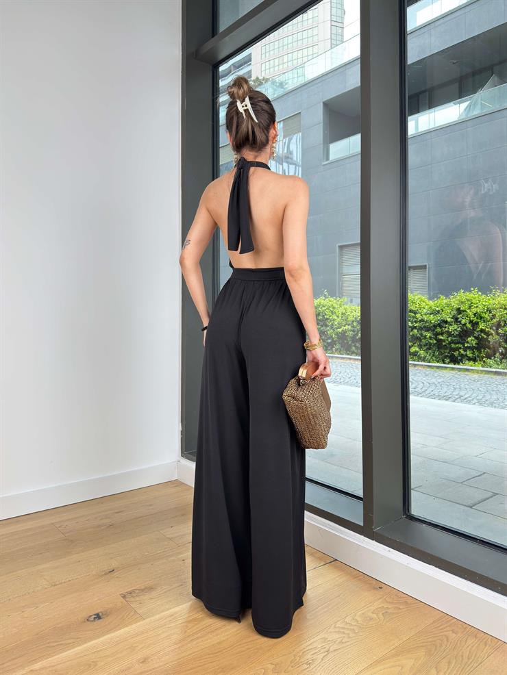 Boyundan Bağlamalı Sırt Dekolteli Yunles Siyah Kadın Tulum 25Y345