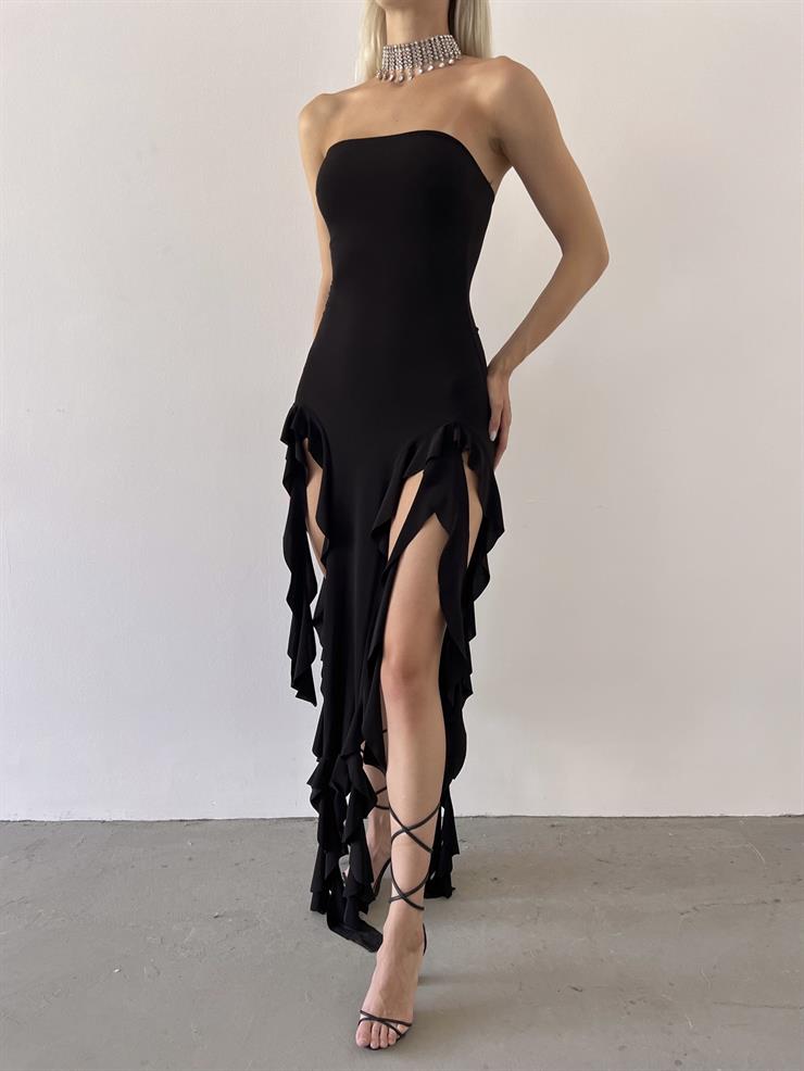 Straplez Eteği Fırfır Dökümlü Yuri Kadın Siyah Elbise 23Y000513