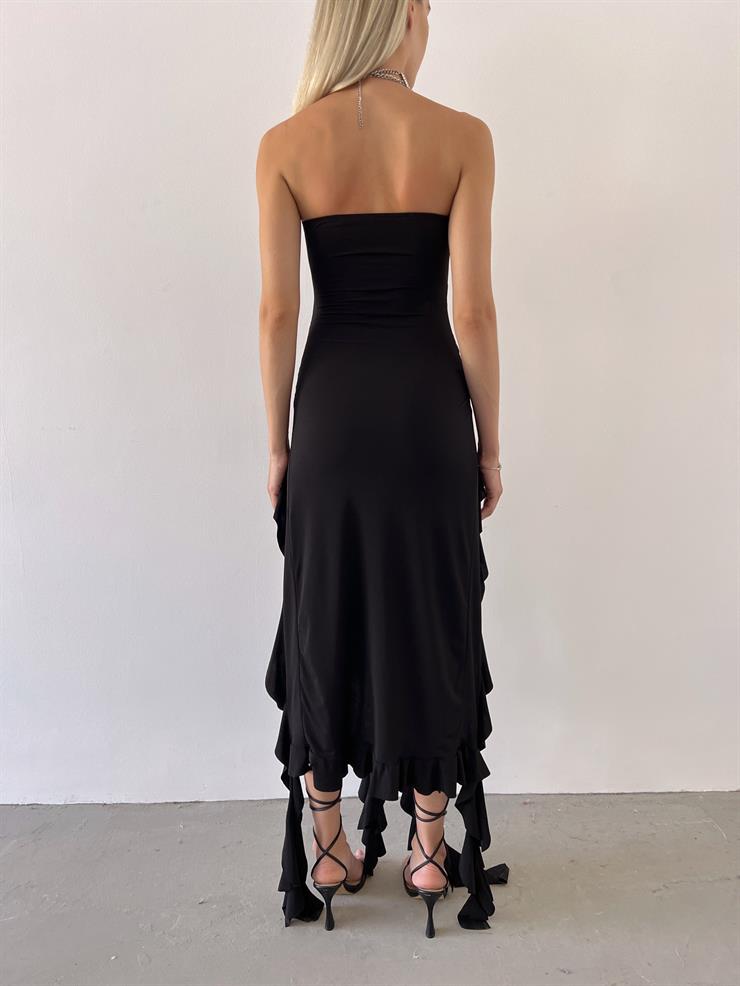 Straplez Eteği Fırfır Dökümlü Yuri Kadın Siyah Elbise 23Y000513