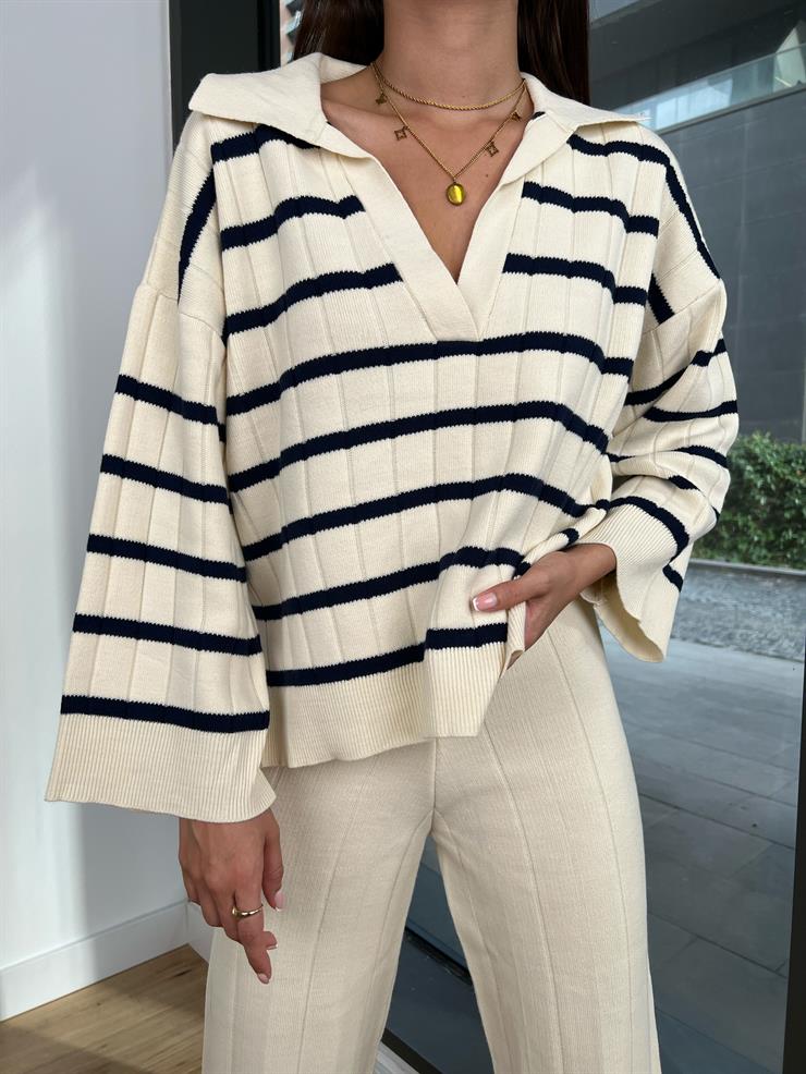 V Yaka Çizgili Kazak Yüksek Bel Pantolon Yurik  Taş Tiriko Takım 24k000016