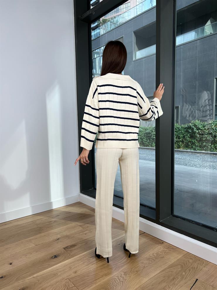 V Yaka Çizgili Kazak Yüksek Bel Pantolon Yurik  Taş Tiriko Takım 24k000016