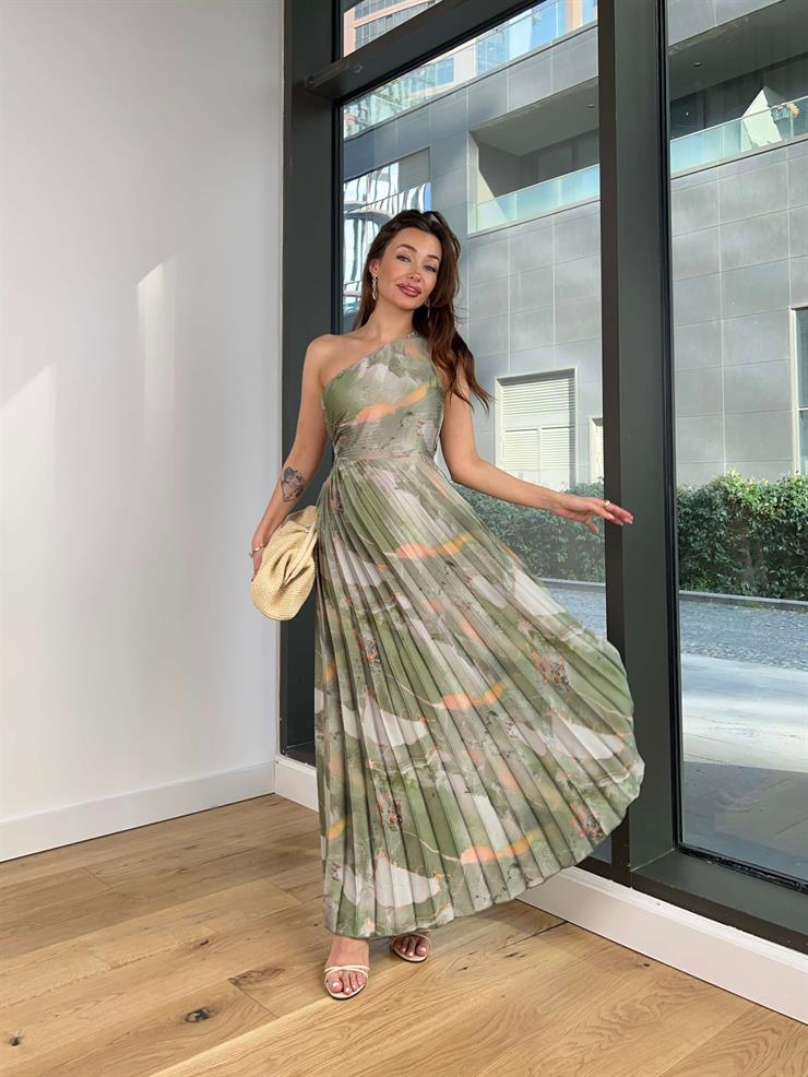 Tek Omuz Beli Pencere Detaylı Eteği Pileli Zaire Kadın Haki Elbise 24Y046