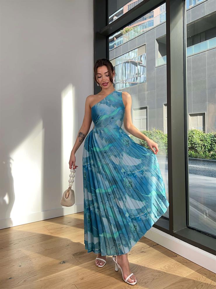 Tek Omuz Beli Pencere Detaylı Eteği Pileli Zaire Kadın Mavi Elbise 24Y046