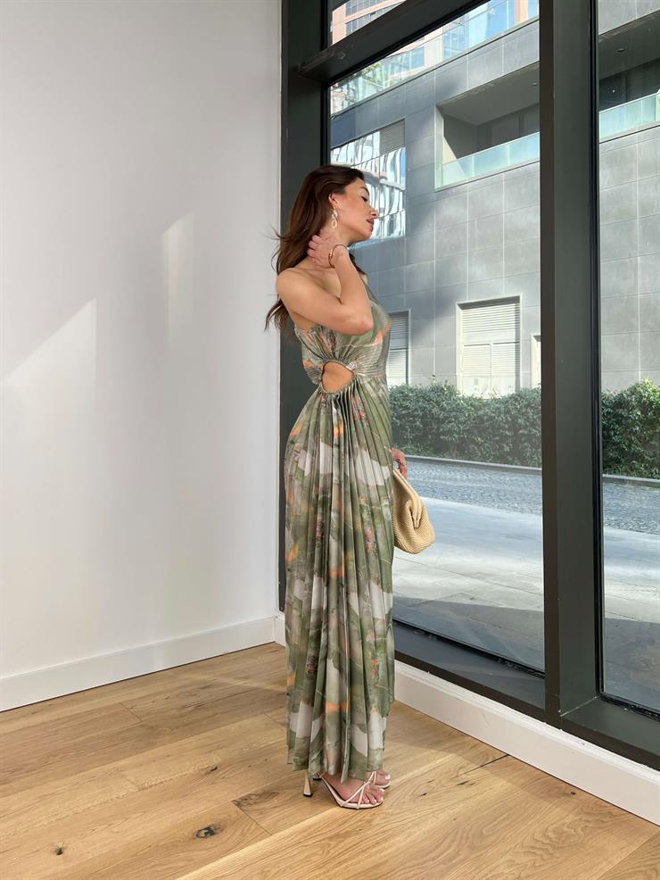 Tek Omuz Beli Pencere Detaylı Eteği Pileli Zaire Kadın Haki Elbise 24Y046