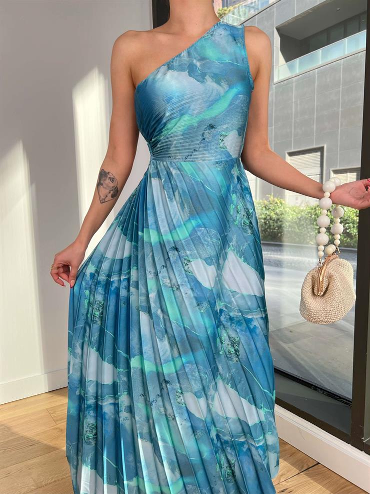 Tek Omuz Beli Pencere Detaylı Eteği Pileli Zaire Kadın Mavi Elbise 24Y046