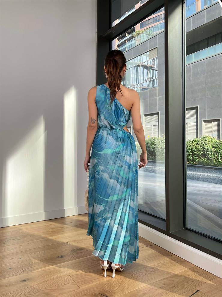 Tek Omuz Beli Pencere Detaylı Eteği Pileli Zaire Kadın Mavi Elbise 24Y046