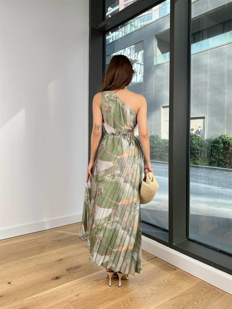 Tek Omuz Beli Pencere Detaylı Eteği Pileli Zaire Kadın Haki Elbise 24Y046