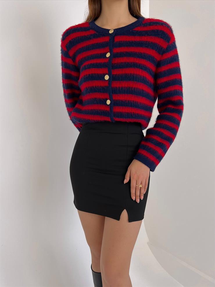 Önü Düğme Detaylı Saçaklı Zaire Kadın Kırmızı Çizgili Hırka 23Y000038