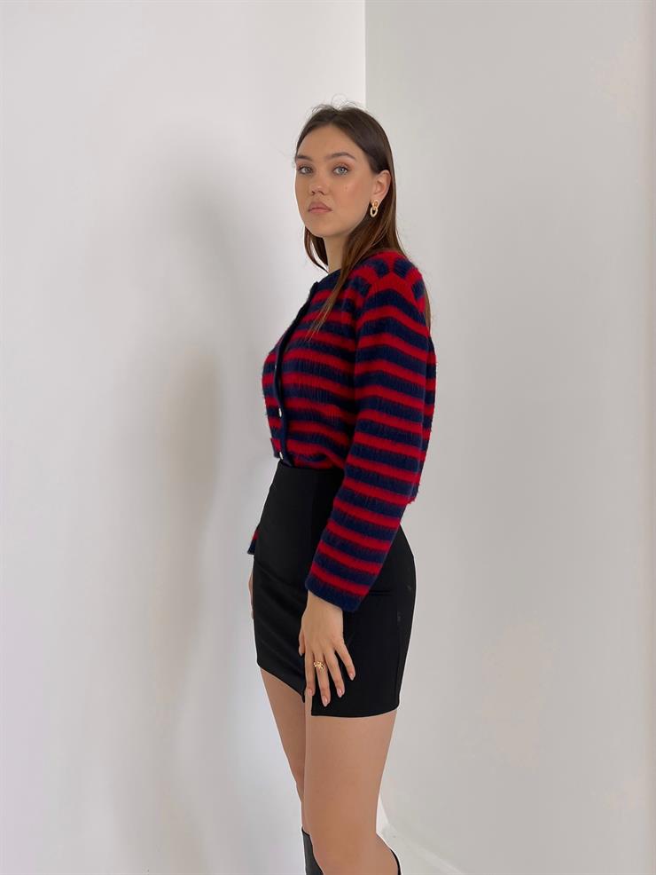 Önü Düğme Detaylı Saçaklı Zaire Kadın Kırmızı Çizgili Hırka 23Y000038